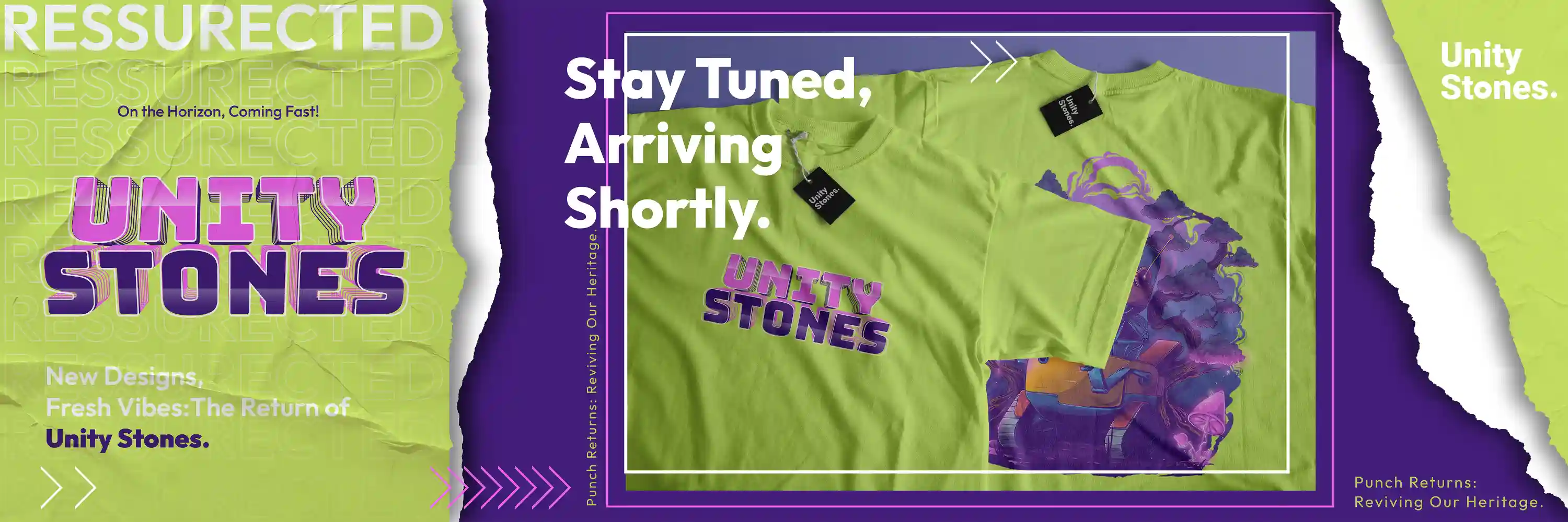 Unity Stones teaser banner showing two lime green t-shirts on a purple and lime background